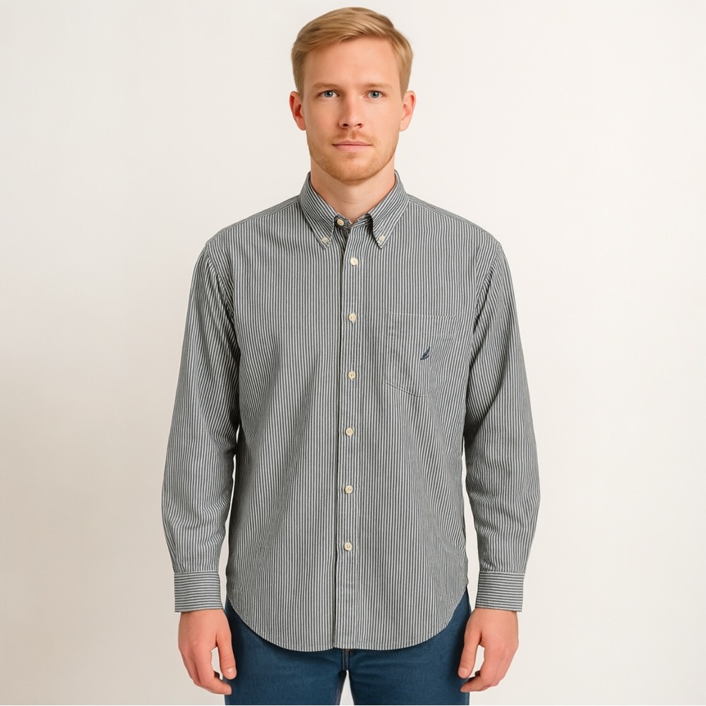 Nautica Blue White Striped‎ Button Down Long Sleeve Shirt Men's Large